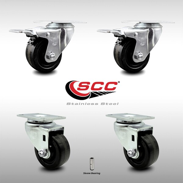 3 Inch SS Phenolic Top Plate Caster Total Lock Brakes, 2PK